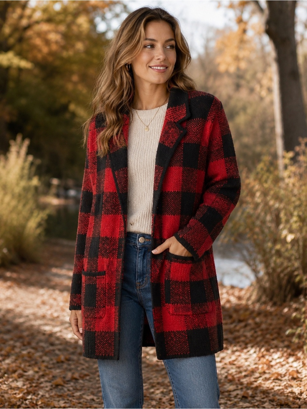 Talbots Buffalo Plaid Sweater Coat Red Black Long Cardigan Jacket Small